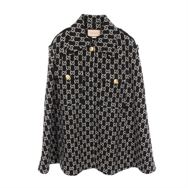 GUCCI GG Jacquard Cape Poncho Coat wool Black Used Women size M