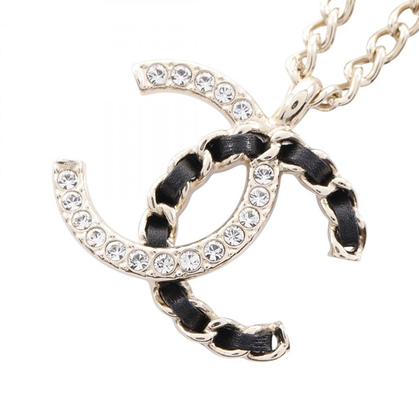 CHANEL COCO Mark Necklace 42~47.5cm Gold Plated Rhinestone Black Used Women CC