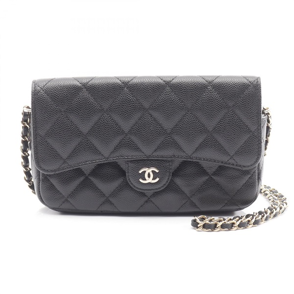 CHANEL Matelasse Chain Phone Case Wallet Shoulder Bag AP2096 leather Black Used