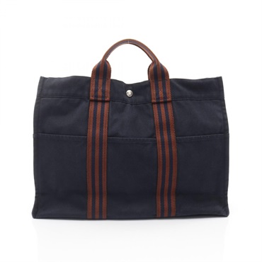 HERMES Fourre tout MM Tote Hand Bag canvas Navy Brown Used Women SHW