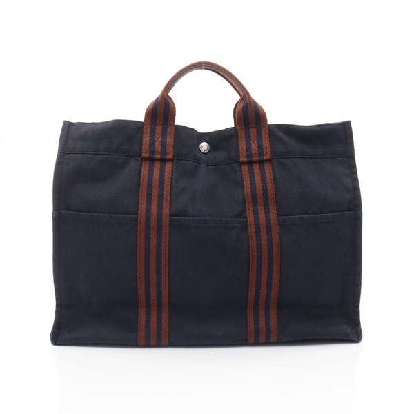 HERMES Fourre tout MM Tote Hand Bag canvas Navy Brown Used Women SHW