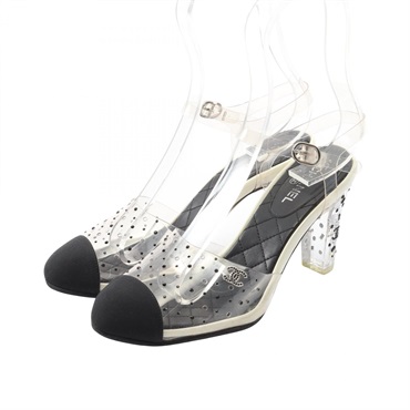 CHANEL COCO Mark Sandals heel Shoes #36 1/2 rhinestone canvas Fabric Black Used