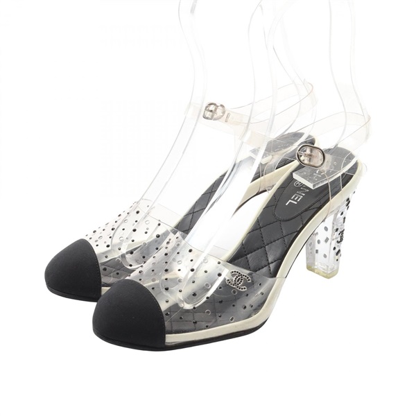 CHANEL COCO Mark Sandals heel Shoes #36 1/2 rhinestone canvas Fabric Black Used