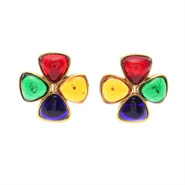 CHANEL clip Earring Gold Plated Colored stone Multicolor Used Coco CC
