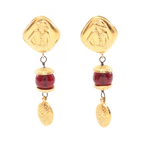CHANEL Mademoiselle clip Earring Gold Plated Glass Red Used Women Coco CC