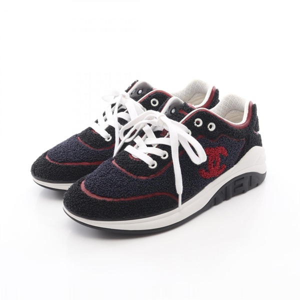 CHANEL COCO Mark sneakers shoes  #38 pile Navy Black Red Used Women
