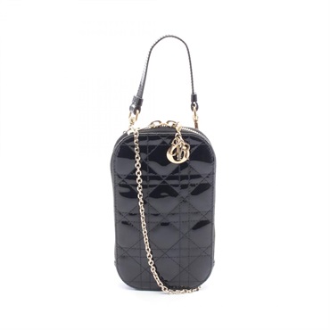 Dior LADY DIOR Phone Holder Chain shoulder Handbag Patent leather Black Used