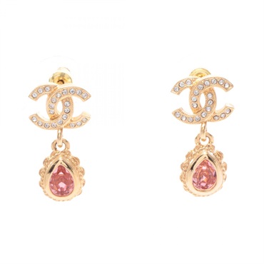 CHANEL COCO Mark Pierced earrings Gold Plated Rhinestone Clear Pink Used Women