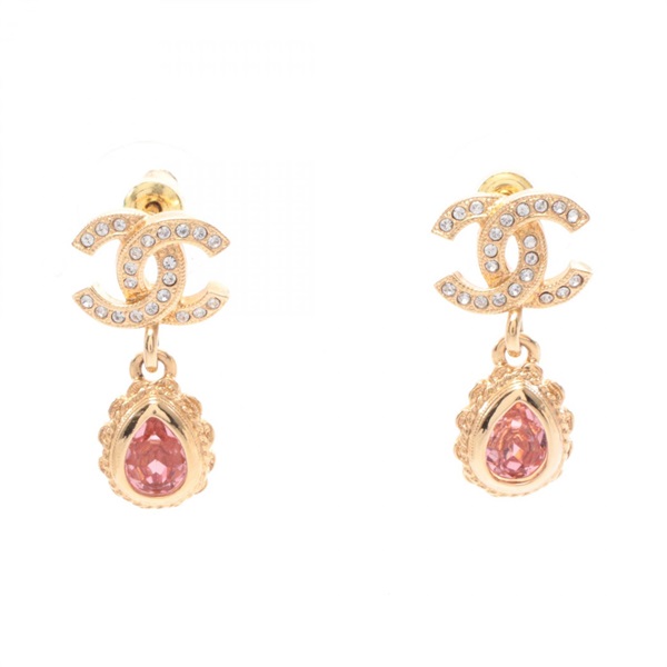 CHANEL COCO Mark Pierced earrings Gold Plated Rhinestone Clear Pink Used Women