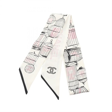 CHANEL COCO Mark Ribbon Scarf Wrap Stole silk White Black Used Women CC