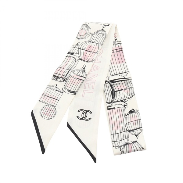 CHANEL COCO Mark Ribbon Scarf Wrap Stole silk White Black Used Women CC