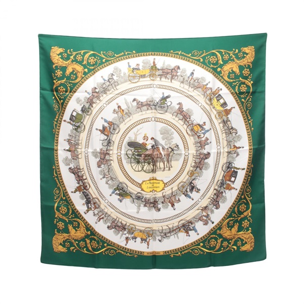 HERMES Carre 90 LA PROMENADE DE LONGCHAMPS Scarf Wrap silk Green Gold Used