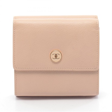 CHANEL COCO Button Tri-fold wallet leather Beige Used Women GHW CC