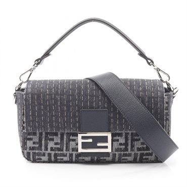 FENDI Baguette Zucca 2Way Shoulder Handbag 7VA572 canvas leather Navy Used mens
