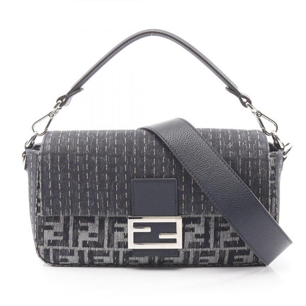 FENDI Baguette Zucca 2Way Shoulder Handbag 7VA572 canvas leather Navy Used mens