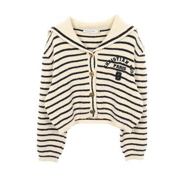 Christian Dior Collared striped shirt cardigan cotton White Navy #34 Used Women