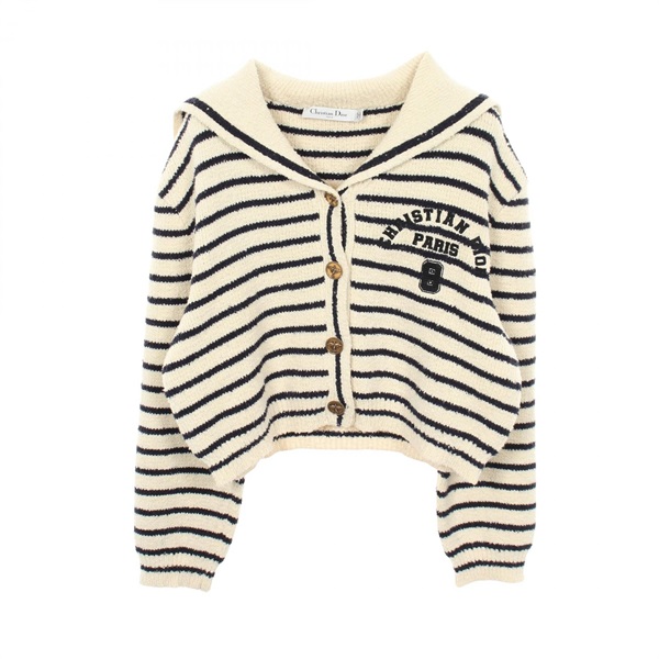 Christian Dior Collared striped shirt cardigan cotton White Navy #34 Used Women