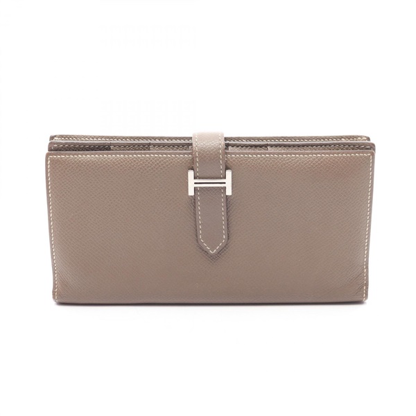 HERMES Bearn Soufflet Bifold Wallet Purse Epsom leather Etoupe Grey SHW Used X