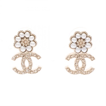 CHANEL COCO Mark Flower Pierced earrings GP Artificial pearl rhinestone Women CC