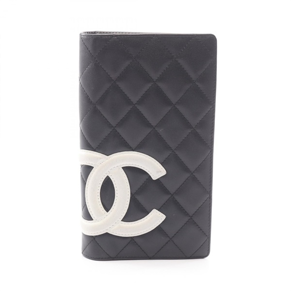 CHANEL Cambon line Bifold purse wallet A25166 leather Black White Used Women SHW