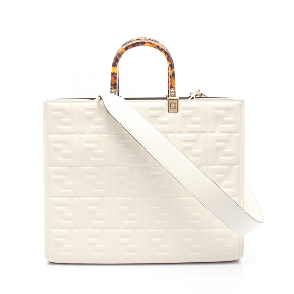 FENDI SUNSHINE MEDIUM FF Embossed 2WAY Tote Bag 8BH386 leather White Used Women