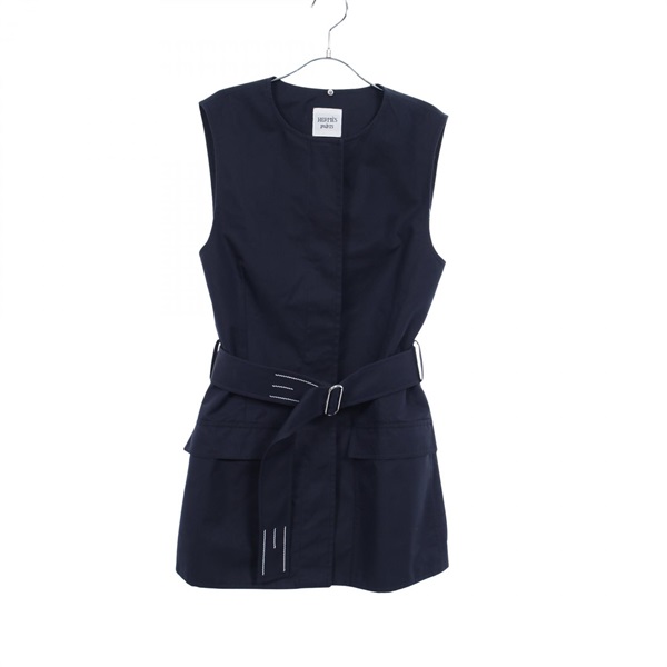 HERMES Sleeveless Dress cotton Nylon Navy Used Women size 34