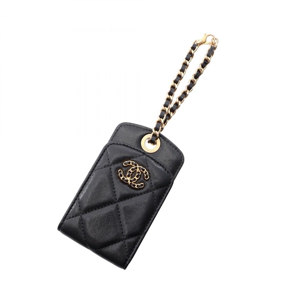 CHANEL 19 dix-neuf Matelasse Luggage Tag Card Case charm Lambskin Black Used GHW