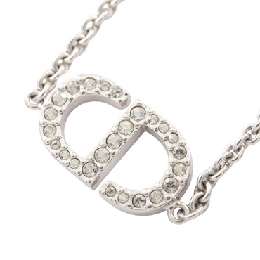 Christian Dior CD logo Necklace pendant collier Stainless Steel Rhinestone Used