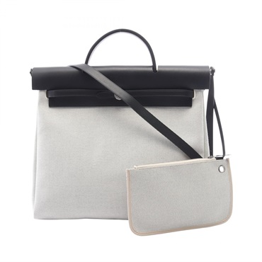 HERMES Herbag Zip MM Shoulder Handbag Toile officier canvas leather White Black