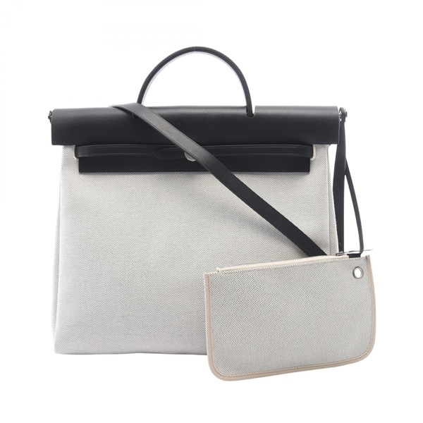 HERMES Herbag Zip MM Shoulder Handbag Toile officier canvas leather White Black