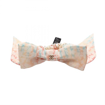CHANEL COCO Mark Floral Ribbon Scrunchie Hair Tie silk White Preowned Women CC