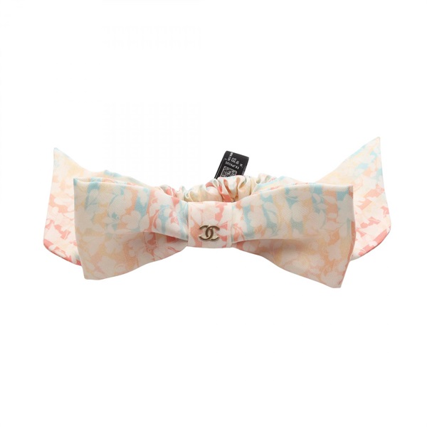 CHANEL COCO Mark Floral Ribbon Scrunchie Hair Tie silk White Preowned Women CC