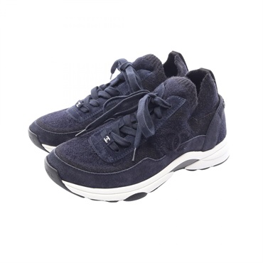 CHANEL COCO Mark Sneakers Shoes #37 G38750 Fabric Suede Navy Black Used Women