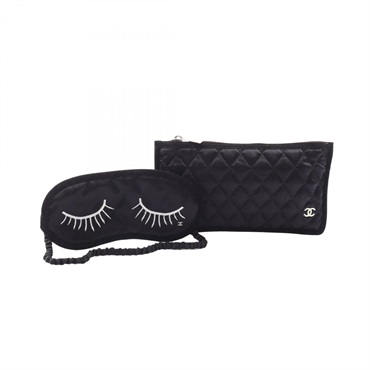 CHANEL COCO Mark Eye Mask and Pouch Set silk Black Used Women CC