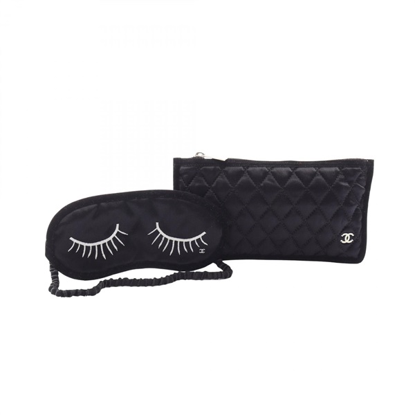CHANEL COCO Mark Eye Mask and Pouch Set silk Black Used Women CC