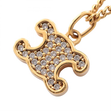 CELINE Triomphe Necklace Pendant Gold Plated Rhinestone Used Women