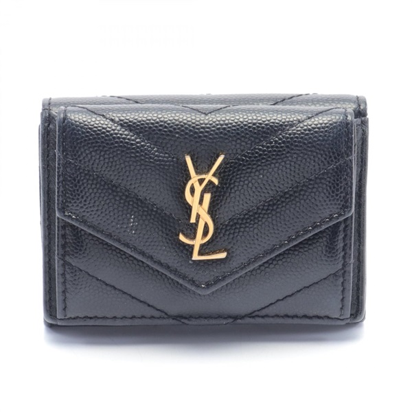 SAINT LAURENT YSL logo Tri-fold wallet Purse leather Black Used Women