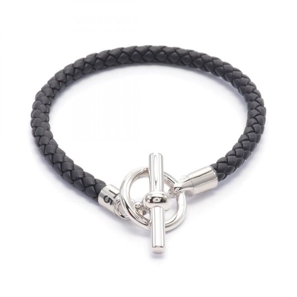 HERMES Glenan Bracelet Swift leather Stainless Steel Black Silver Used Women