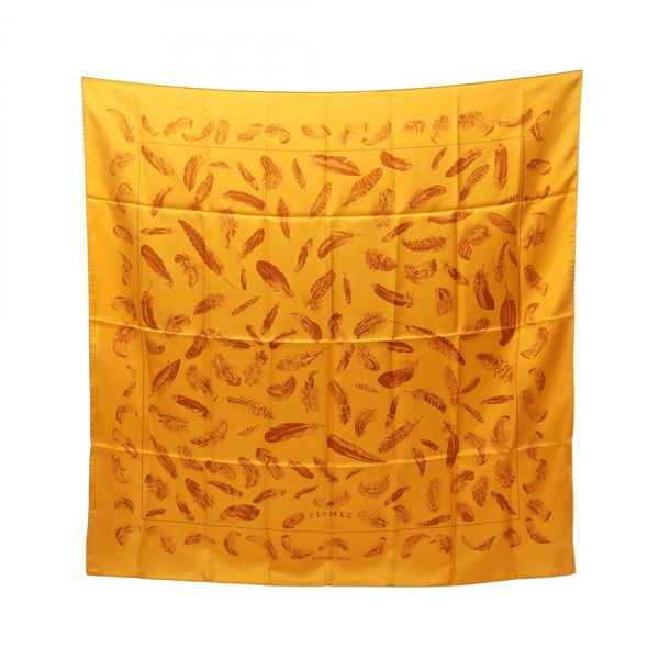 HERMES Carre 90 PLUMES par Henri de Linares Scarf echarpe silk Orange Used