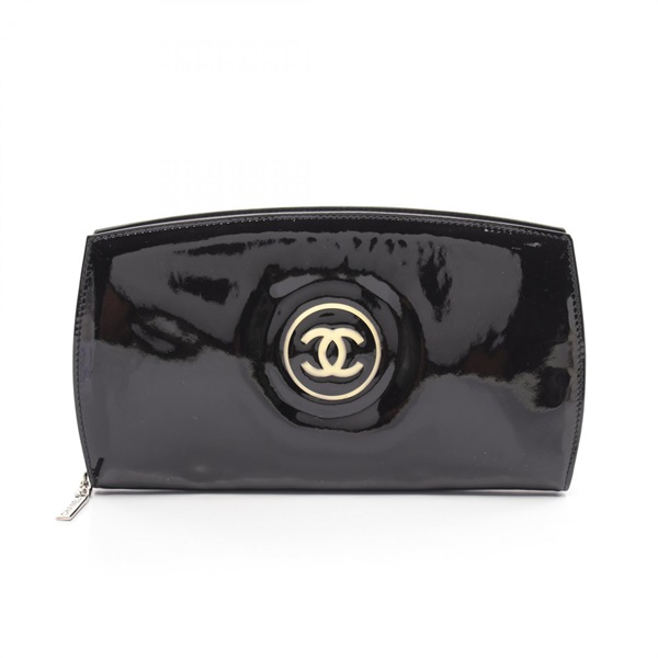 CHANEL CC Makeup Around long wallet Purse enamel Leather Black Used Women Coco