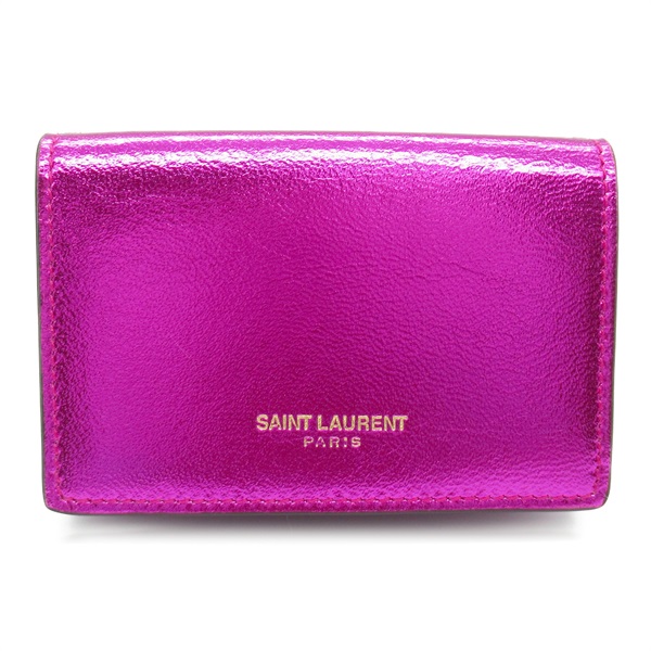 YVES SAINT LAURENT Tri-fold wallet compact purse Calfskin Metallic pink Used