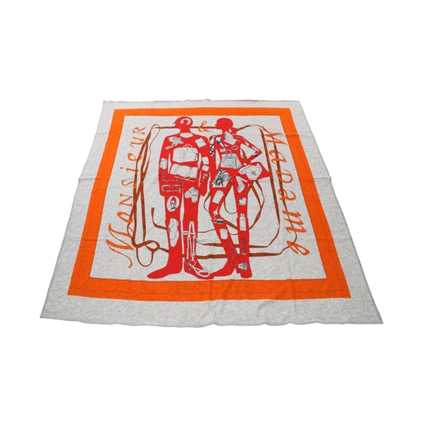 HERMES MONSIEUR ET MADAME Scarf cotton Gray Orange Red Multicolor Used Women