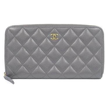 CHANEL Matelasse Around long zip wallet purse leather Gray Used GHW