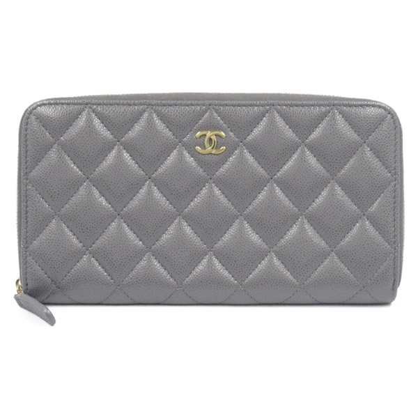 CHANEL Matelasse Around long zip wallet purse leather Gray Used GHW