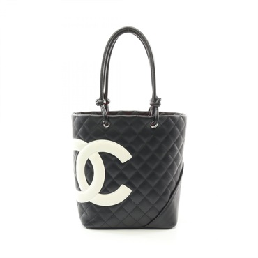CHANEL Cambon line medium Tote Bag A25167 leather Black White Used Women CC