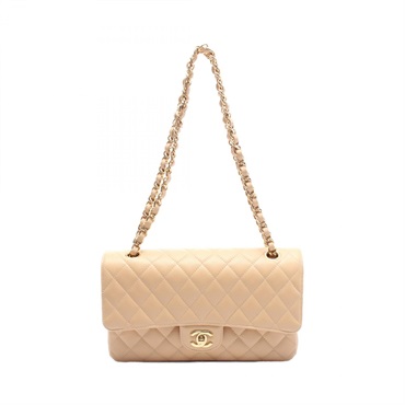 CHANEL Matelasse W flap Chain Shoulder Bag A01112 leather Beige Used Women GHW