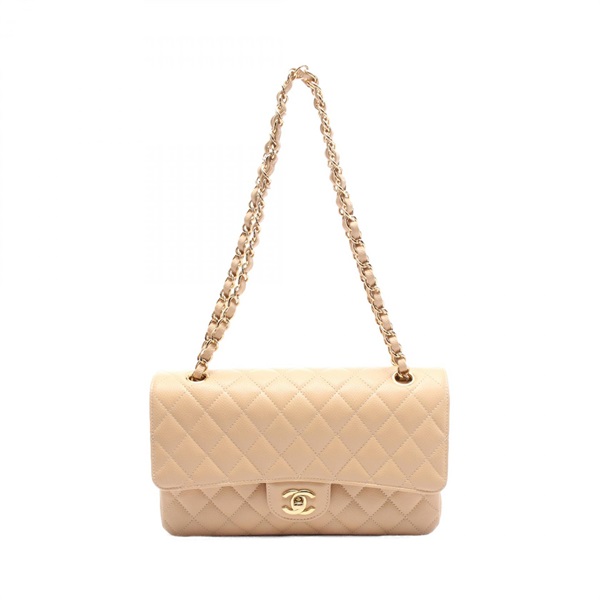 CHANEL Matelasse W flap Chain Shoulder Bag A01112 leather Beige Used Women GHW