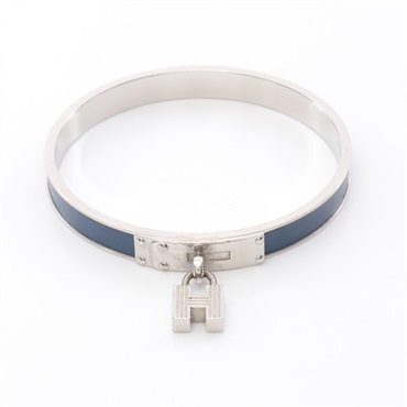 HERMES Kelly bangle bracelet 19.5cm Stainless Steel leather Silver Navy Used