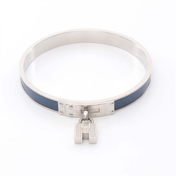 HERMES Kelly bangle bracelet 19.5cm Stainless Steel leather Silver Navy Used