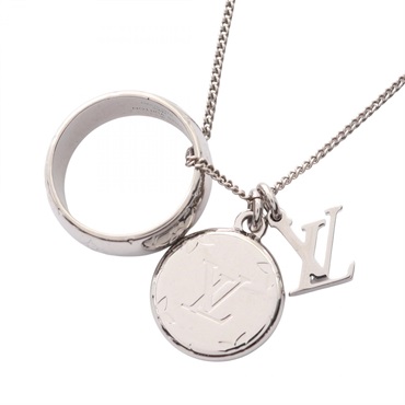 LOUIS VUITTON Ring Monogram Pendant Necklace Stainless Steel Used Unisex LV